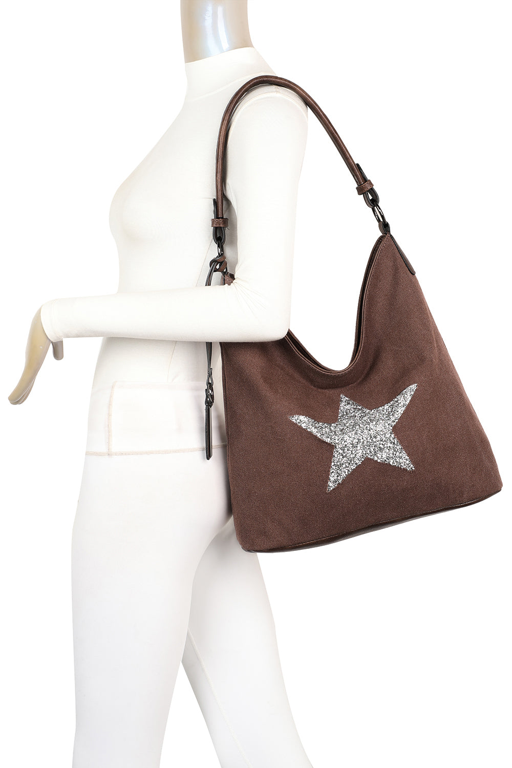 RX170147-W Canvas Tote Bag With Glitter Star Patterned