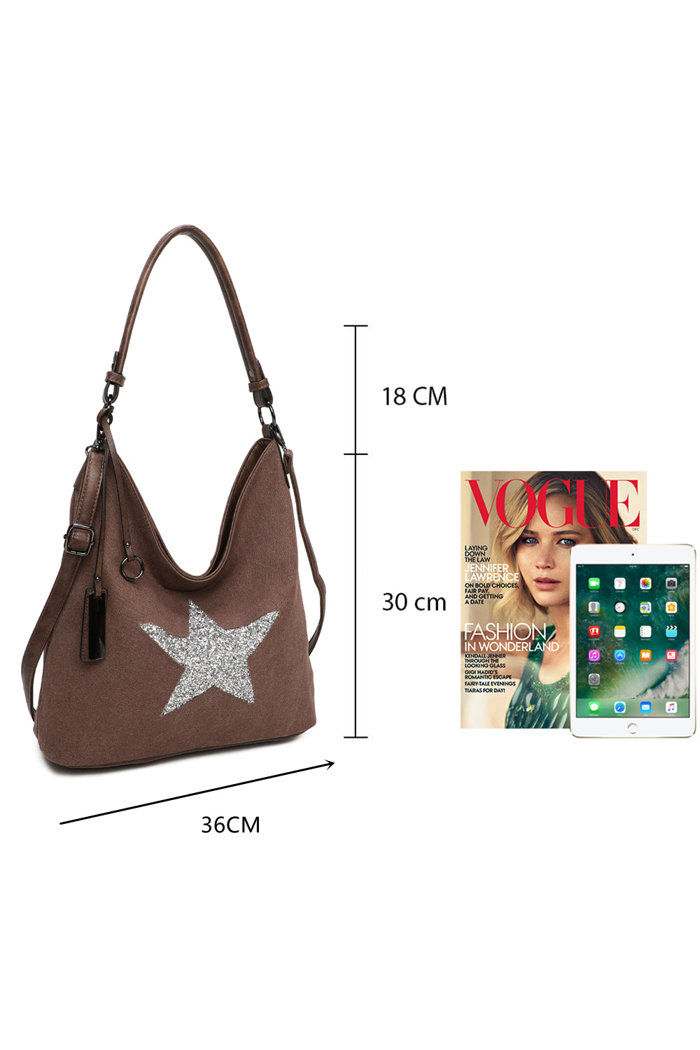 RX170147-W Canvas Tote Bag With Glitter Star Patterned
