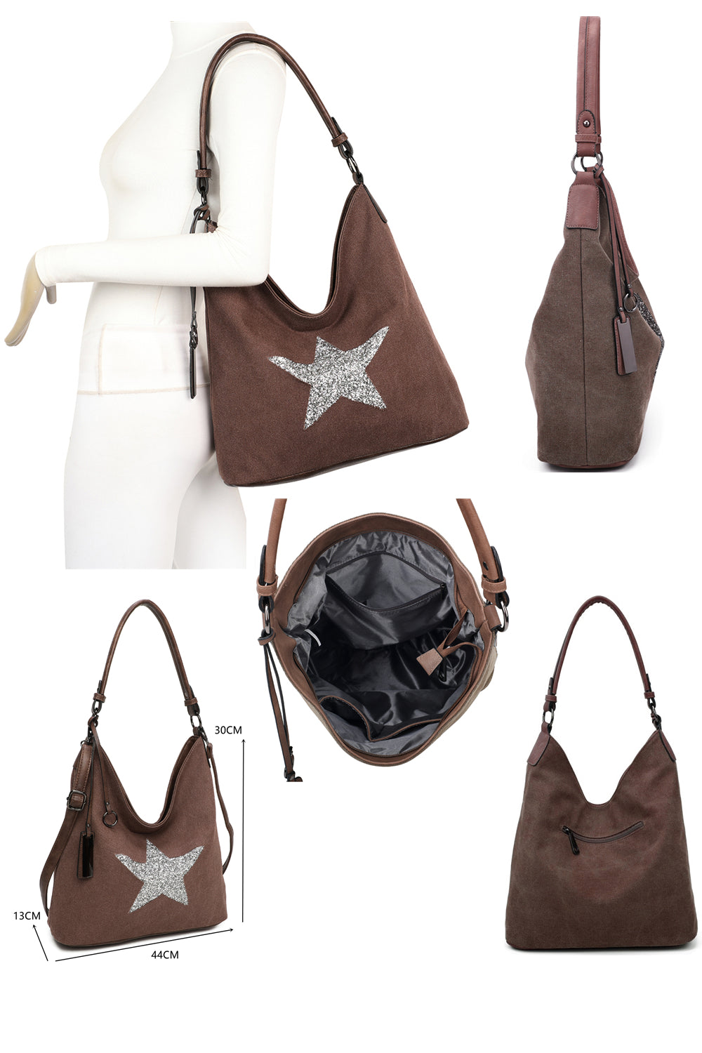 RX170147-W Canvas Tote Bag With Glitter Star Patterned