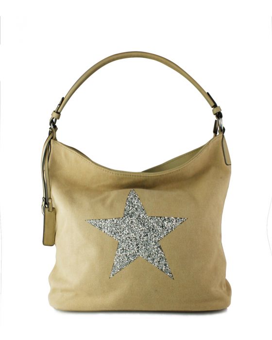 RX170147-W Canvas Tote Bag With Glitter Star Patterned