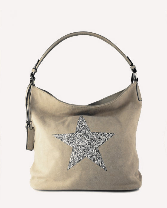 RX170147-W Canvas Tote Bag With Glitter Star Patterned