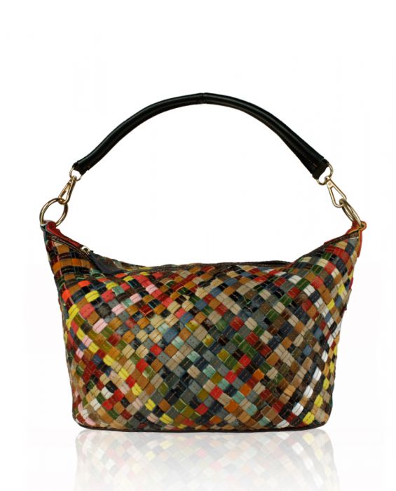2990-Multi Colour Plait Patterned woven Real Leather Shoulder Bag (patchwork style)
