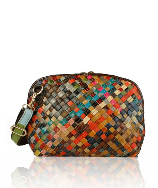 1358-Multi Colour Plait Patterned woven Real Leather Messenger Bag (patchwork style)