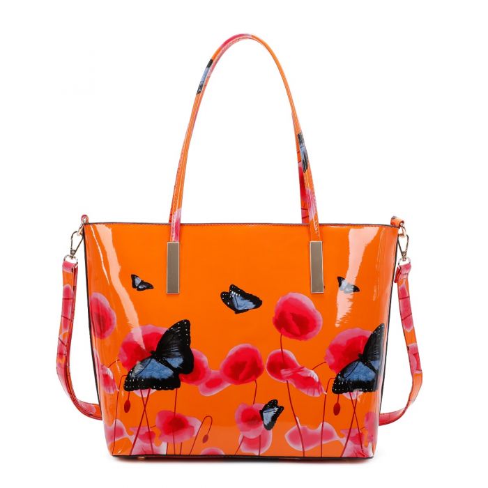 Rj171056 Patent Poppy Flower & Butterfly Patterned Tote Bag