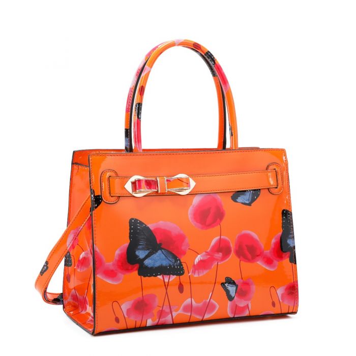 RJ150355-PB Patent Poppy & Butterfly Patterned Top-Handle Bag With Ribbon Belt Details