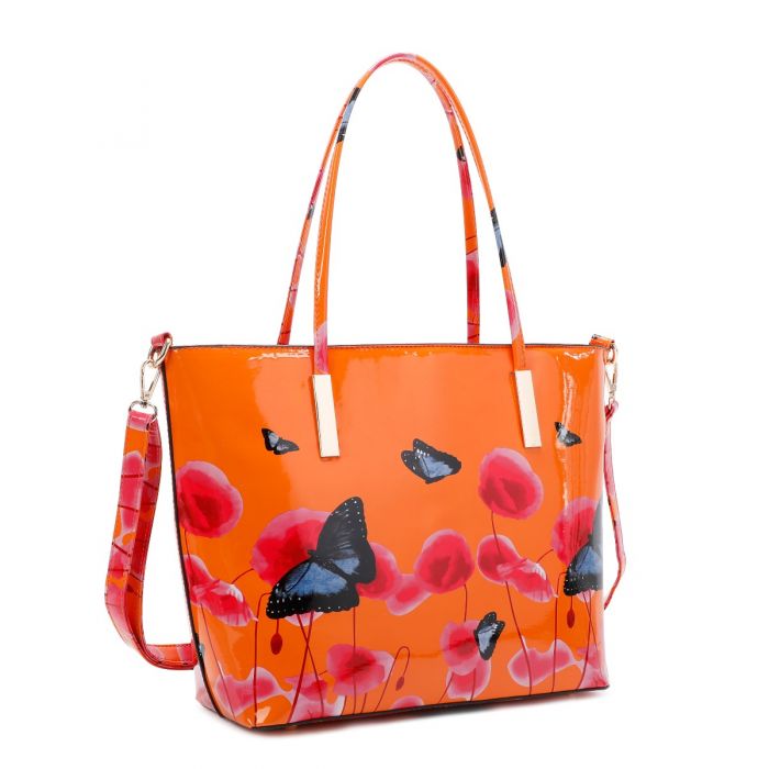 Rj171056 Patent Poppy Flower & Butterfly Patterned Tote Bag