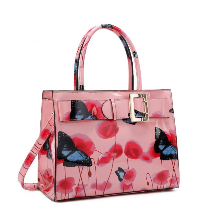 RJ180801-PB Patent Poppy Flower & Butterfly Print With Belt Detail Top-Handle Bag With Purse Set