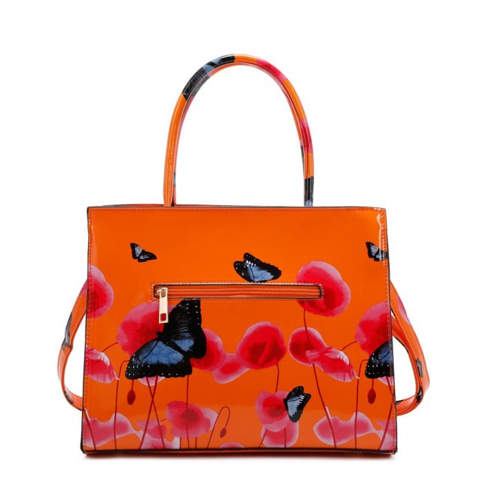 RJ150355-PB Patent Poppy & Butterfly Patterned Top-Handle Bag With Ribbon Belt Details