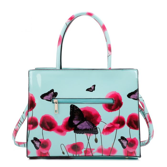 RJ211101 POPPY FLOWER & BUTTERFLY PATTERN PRINT BELT TOP HAND BAG WITH PURSE SET