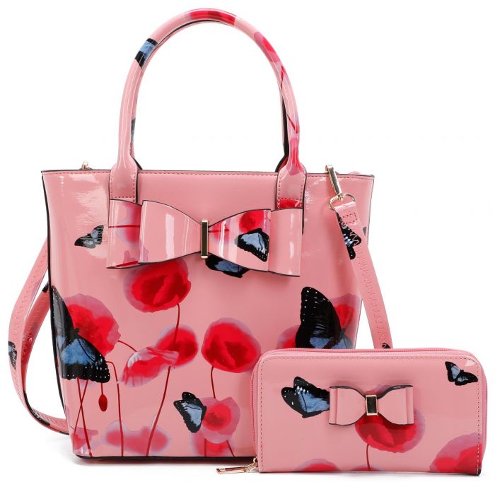 Rj180802-PB 2IN1 Poppy Flower & Butterfly Bucket Shaped Top-Handle Bag With Purse Set
