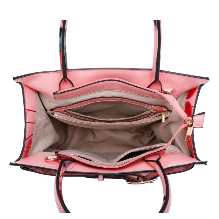 RJ180801-PB Patent Poppy Flower & Butterfly Print With Belt Detail Top-Handle Bag With Purse Set