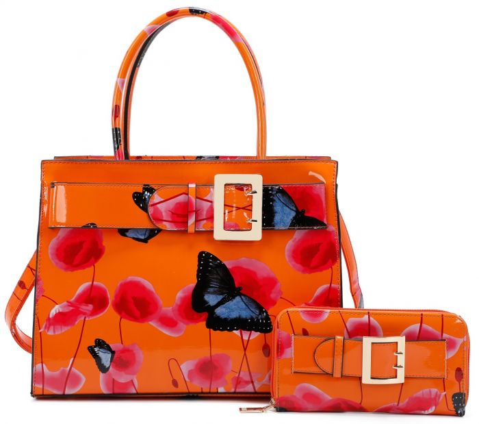 RJ180801-PB Patent Poppy Flower & Butterfly Print With Belt Detail Top-Handle Bag With Purse Set