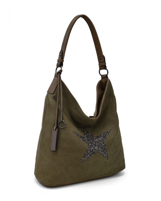 RX170147-W Canvas Tote Bag With Glitter Star Patterned