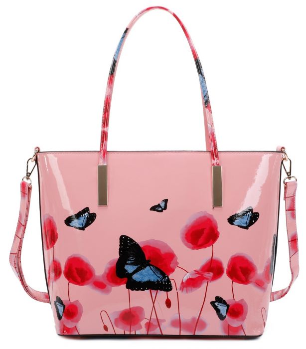 Rj171056 Patent Poppy Flower & Butterfly Patterned Tote Bag