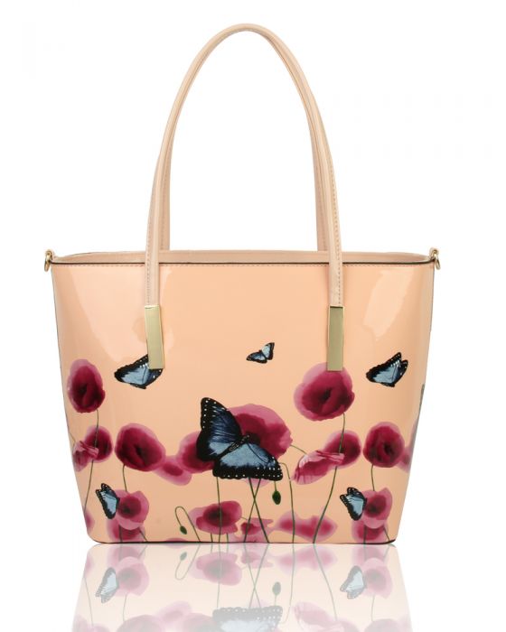 Rj171056 Patent Poppy Flower & Butterfly Patterned Tote Bag