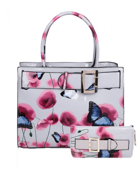 RJ180801-PB Patent Poppy Flower & Butterfly Print With Belt Detail Top-Handle Bag With Purse Set