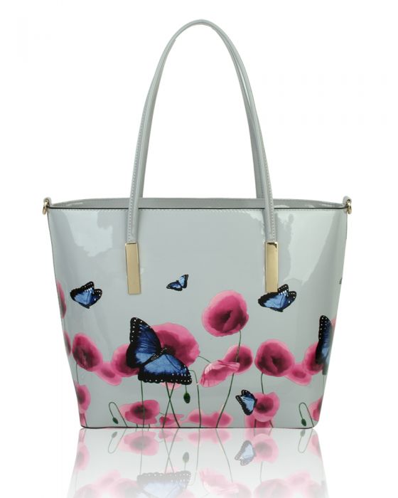 Rj171056 Patent Poppy Flower & Butterfly Patterned Tote Bag