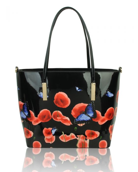 Rj171056 Patent Poppy Flower & Butterfly Patterned Tote Bag
