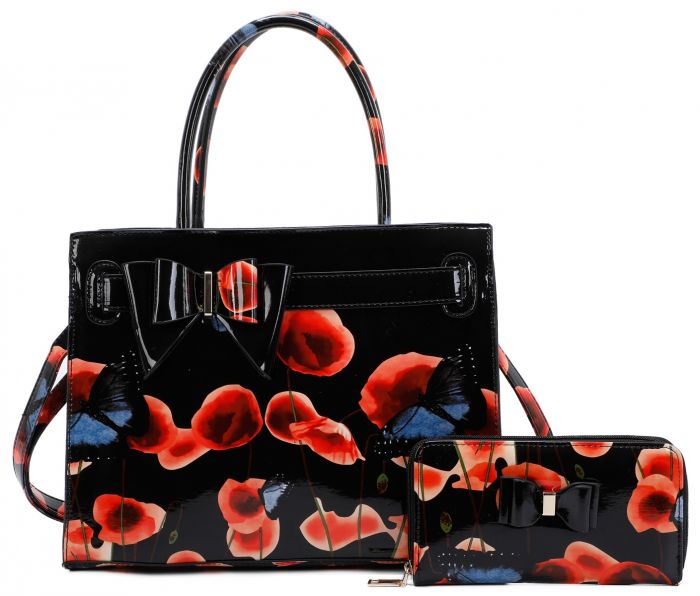 RJ211101 POPPY FLOWER & BUTTERFLY PATTERN PRINT BELT TOP HAND BAG WITH PURSE SET