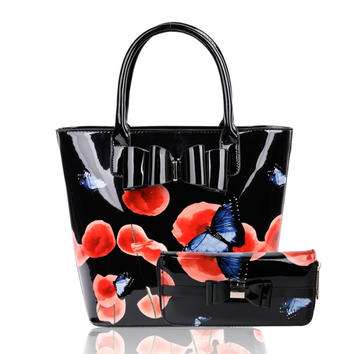 Rj180802-PB 2IN1 Poppy Flower & Butterfly Bucket Shaped Top-Handle Bag With Purse Set
