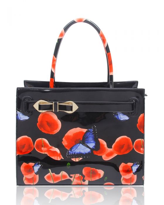RJ150355-PB Patent Poppy & Butterfly Patterned Top-Handle Bag With Ribbon Belt Details