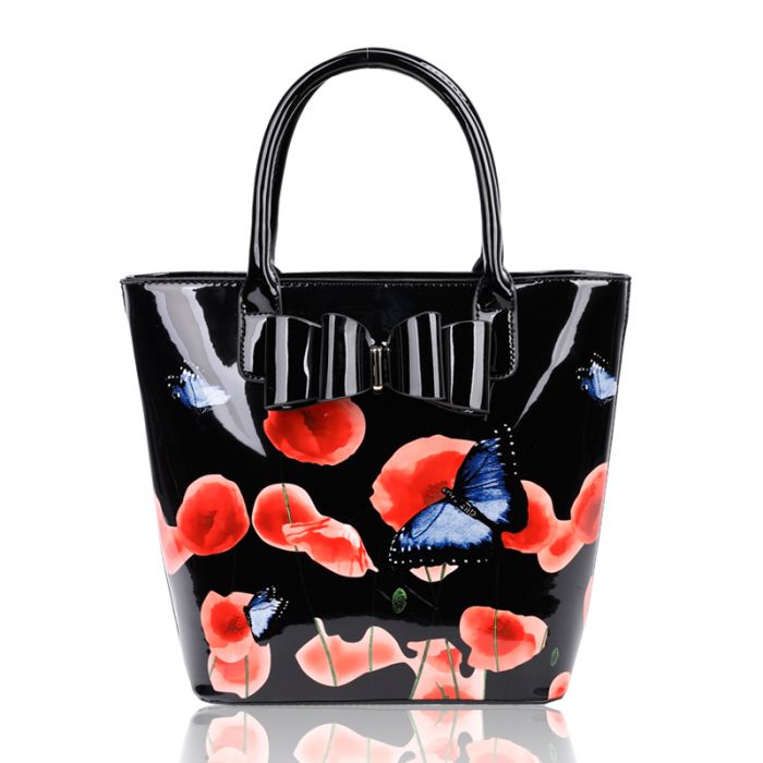 Rj180802-PB 2IN1 Poppy Flower & Butterfly Bucket Shaped Top-Handle Bag With Purse Set