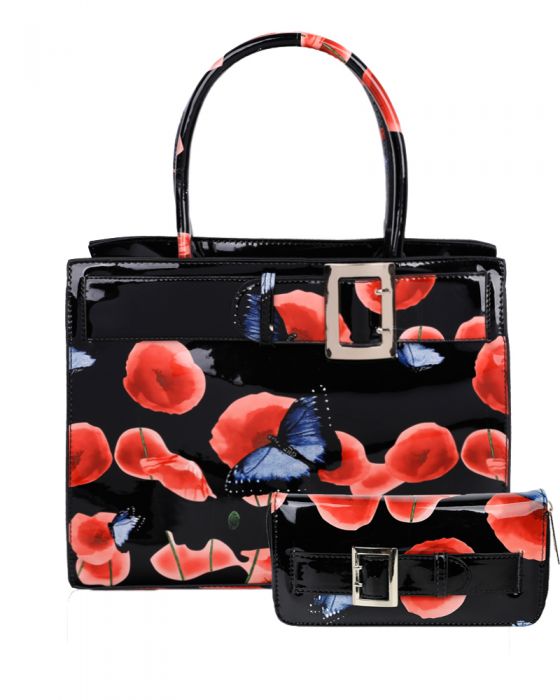 RJ180801-PB Patent Poppy Flower & Butterfly Print With Belt Detail Top-Handle Bag With Purse Set