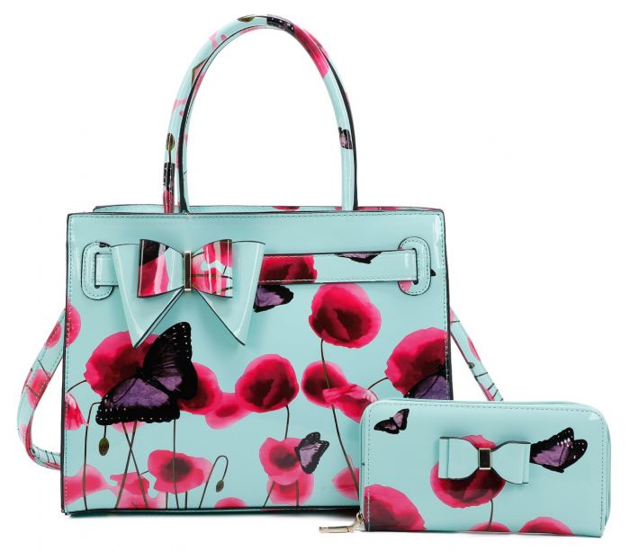 RJ211101 POPPY FLOWER & BUTTERFLY PATTERN PRINT BELT TOP HAND BAG WITH PURSE SET