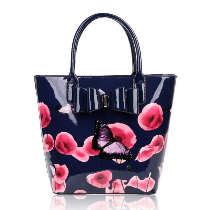 Rj180802-PB 2IN1 Poppy Flower & Butterfly Bucket Shaped Top-Handle Bag With Purse Set