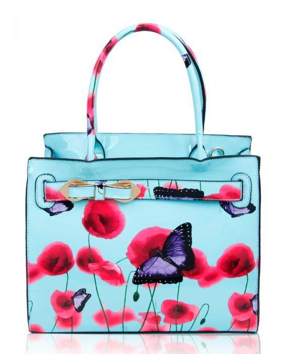 RJ150355-PB Patent Poppy & Butterfly Patterned Top-Handle Bag With Ribbon Belt Details