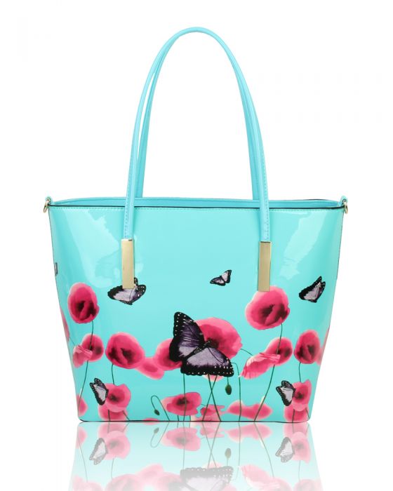 Rj171056 Patent Poppy Flower & Butterfly Patterned Tote Bag