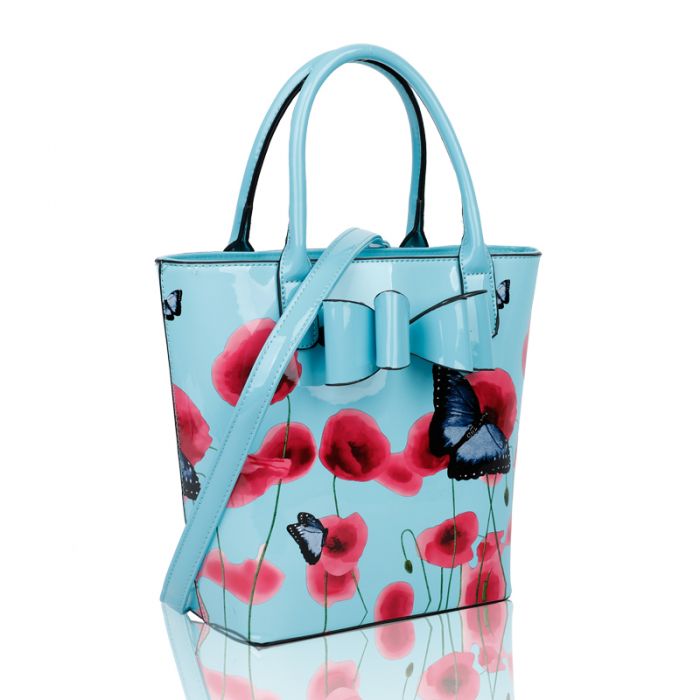 Rj180802-PB 2IN1 Poppy Flower & Butterfly Bucket Shaped Top-Handle Bag With Purse Set