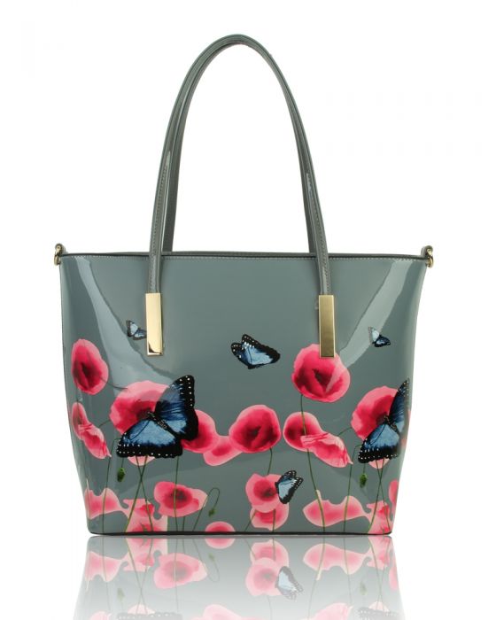 Rj171056 Patent Poppy Flower & Butterfly Patterned Tote Bag