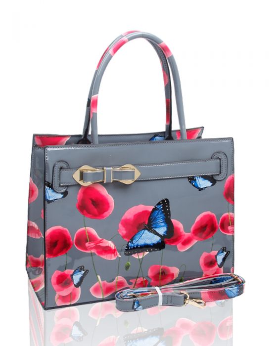 RJ150355-PB Patent Poppy & Butterfly Patterned Top-Handle Bag With Ribbon Belt Details