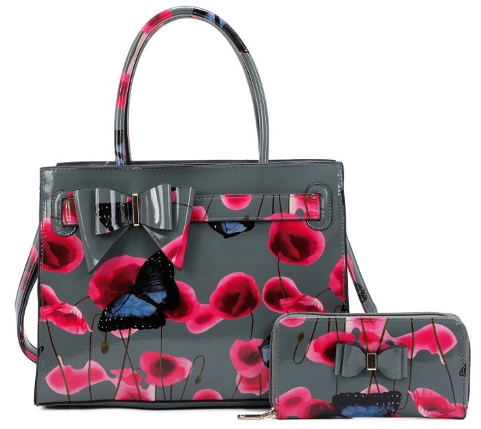 RJ211101 POPPY FLOWER & BUTTERFLY PATTERN PRINT BELT TOP HAND BAG WITH PURSE SET