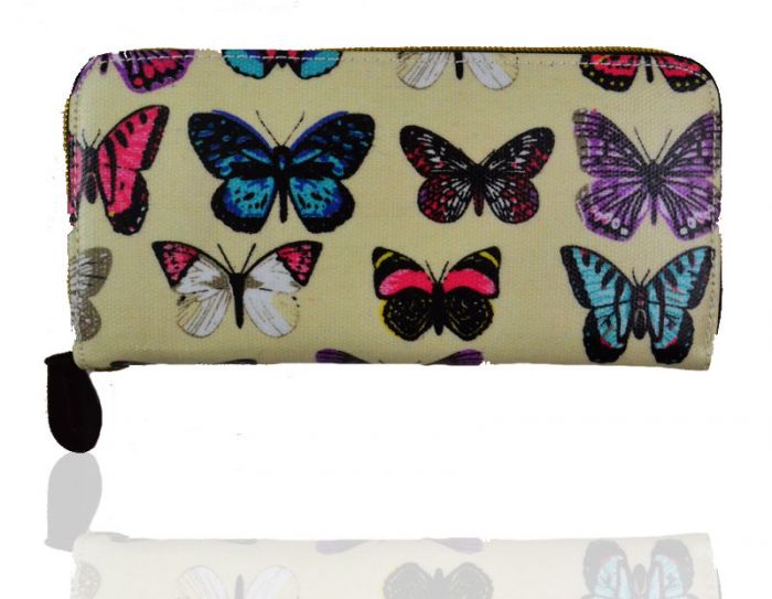K3-Butterfly Print Oilcloth Zip Around Purse. Pack of 12pcs.