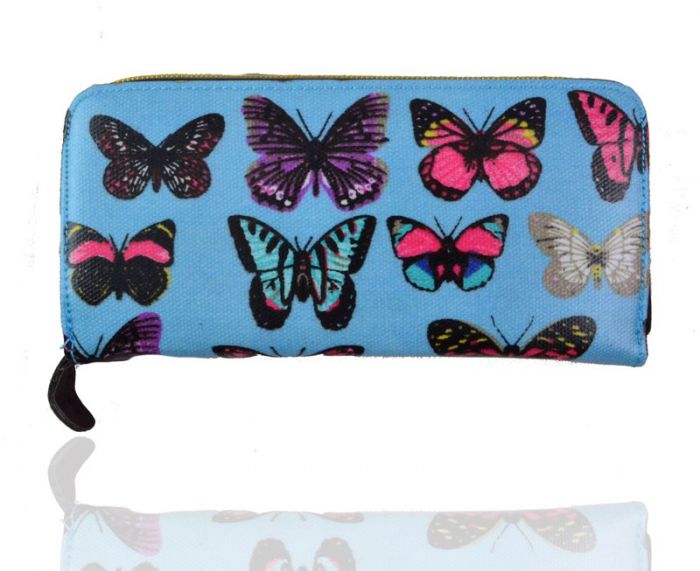 K3-Butterfly Print Oilcloth Zip Around Purse. Pack of 12pcs.