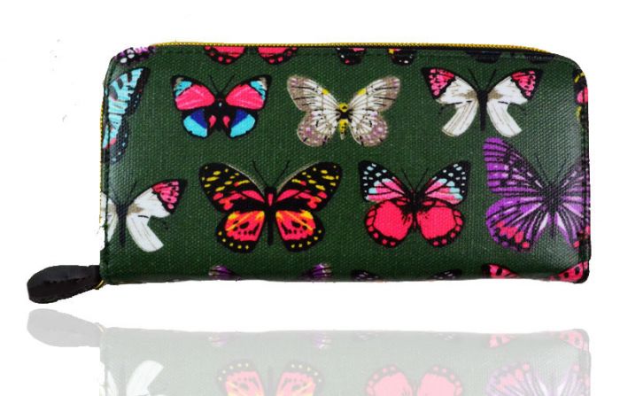K3-Butterfly Print Oilcloth Zip Around Purse. Pack of 12pcs.