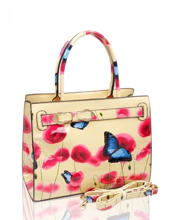 RJ150355-PB Patent Poppy & Butterfly Patterned Top-Handle Bag With Ribbon Belt Details