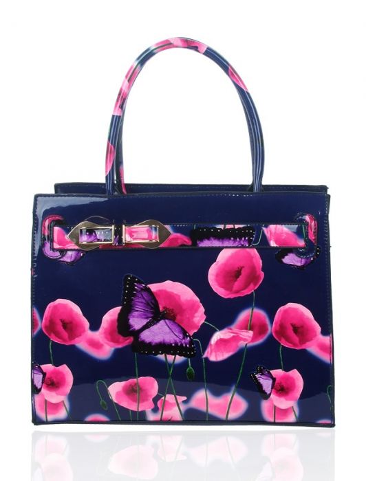 RJ150355-PB Patent Poppy & Butterfly Patterned Top-Handle Bag With Ribbon Belt Details