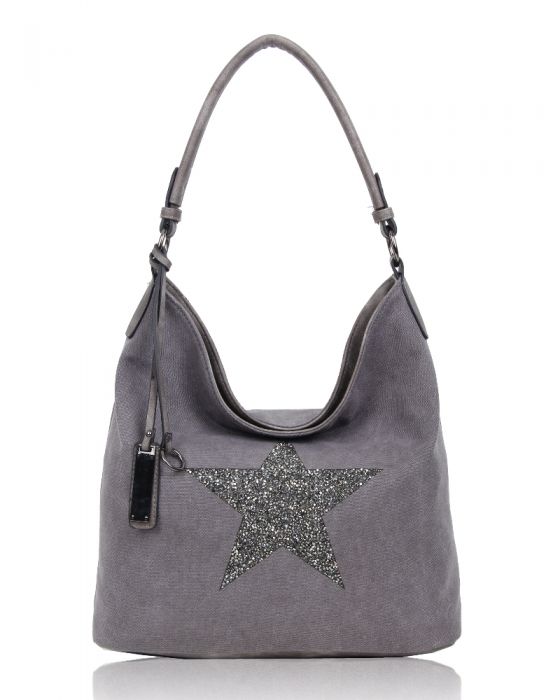 RX170147-W Canvas Tote Bag With Glitter Star Patterned