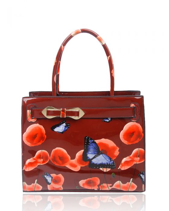 RJ150355-PB Patent Poppy & Butterfly Patterned Top-Handle Bag With Ribbon Belt Details