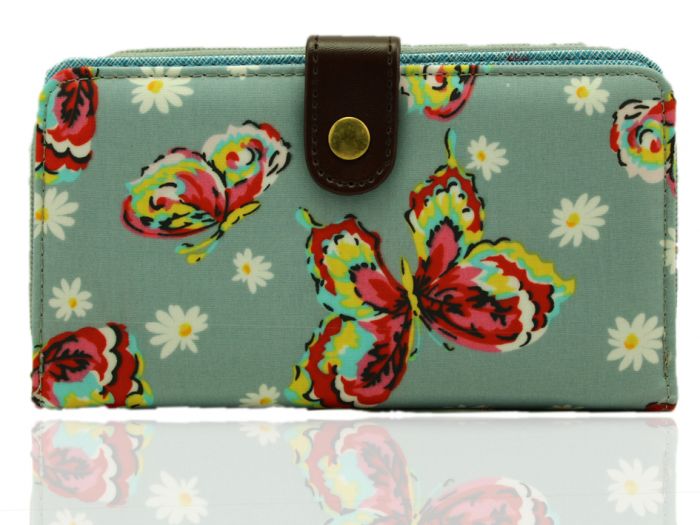 K2-DB Daisy butterfly floral Long purse wallet with belt button TC waterproof material