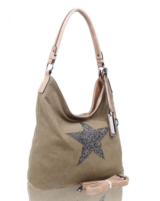 RX170147-W Canvas Tote Bag With Glitter Star Patterned