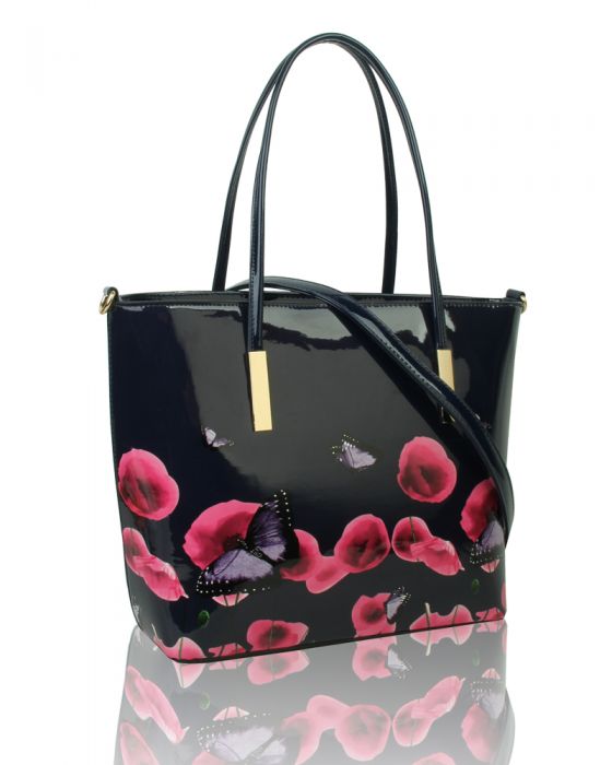 Rj171056 Patent Poppy Flower & Butterfly Patterned Tote Bag
