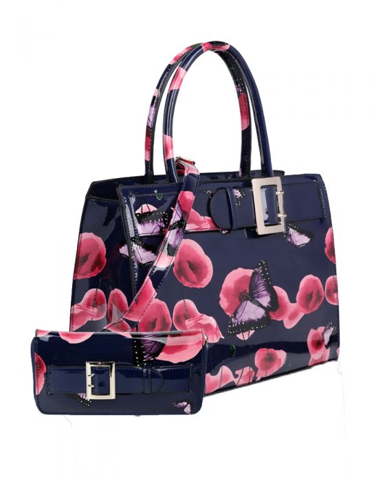 RJ180801-PB Patent Poppy Flower & Butterfly Print With Belt Detail Top-Handle Bag With Purse Set