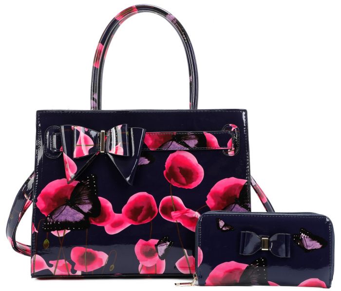 RJ211101 POPPY FLOWER & BUTTERFLY PATTERN PRINT BELT TOP HAND BAG WITH PURSE SET