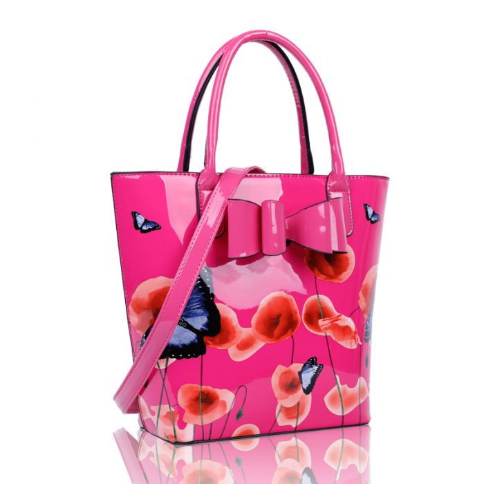 Rj180802-PB 2IN1 Poppy Flower & Butterfly Bucket Shaped Top-Handle Bag With Purse Set