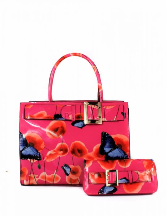 RJ180801-PB Patent Poppy Flower & Butterfly Print With Belt Detail Top-Handle Bag With Purse Set