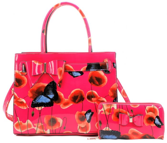 RJ211101 POPPY FLOWER & BUTTERFLY PATTERN PRINT BELT TOP HAND BAG WITH PURSE SET